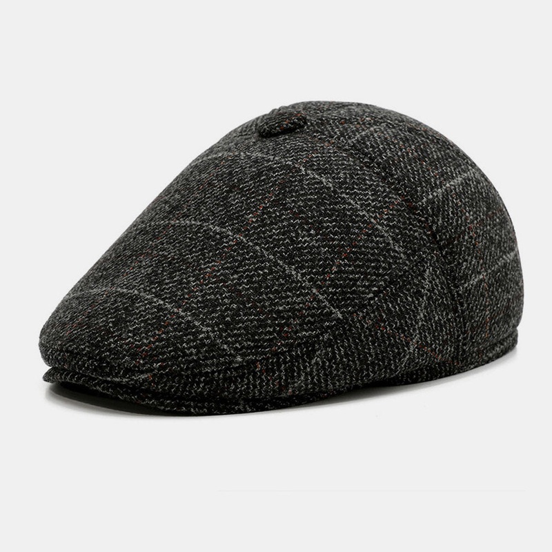 Men  Woolen Ear Protection Keep Warm Lattice Pattern Casual Forward Hat Beret Hat