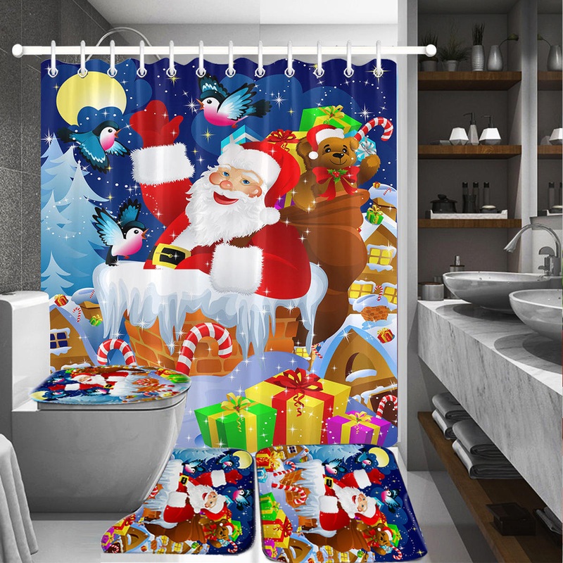 180X180 Santa Claus Christmas Gifts Shower Curtain with Hooks Waterproof Bathroom Carpet Set