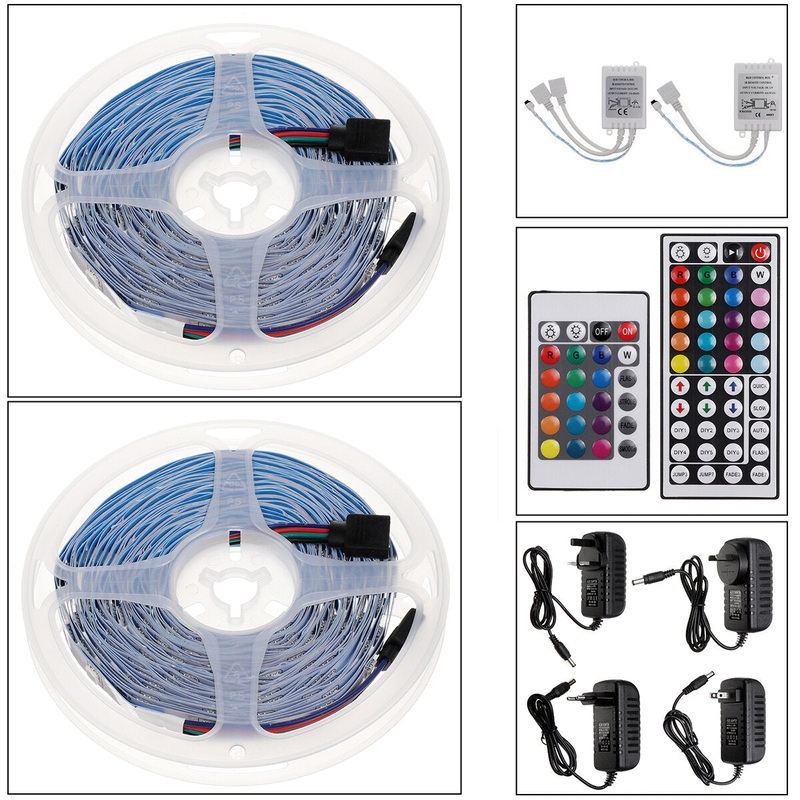 2*5M Non-waterproof RGB LED Strip Light 5050 SMD Flexible Tape Full Kit+24/44Key Remote Control+Plug DC12V Christmas Decorations Clearance Christmas Lights