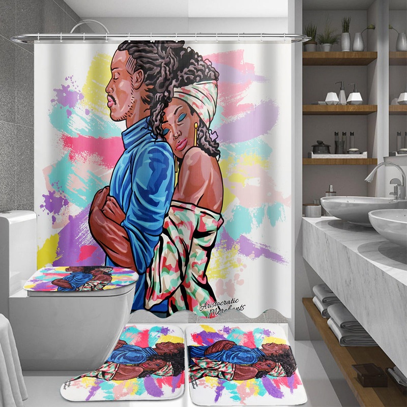 4 PCS Lovers Hug Printing Bathroom Shower Curtain Toilet Cover Mat Non-Slip Rug Set