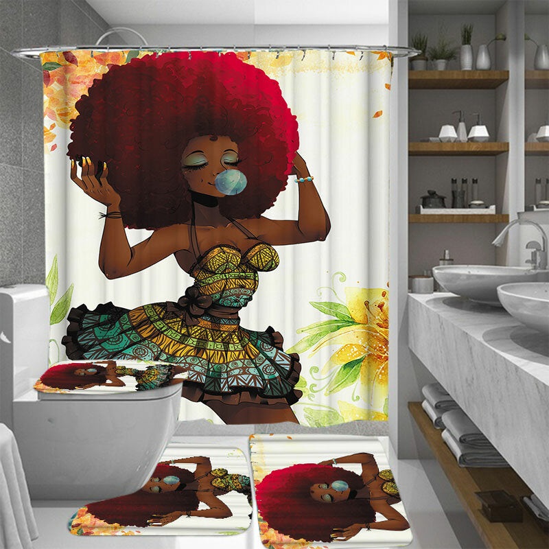 African Fashion Girl Printing Waterproof Bathroom Shower Curtain Toilet Cover Mat Non-Slip Rug Set