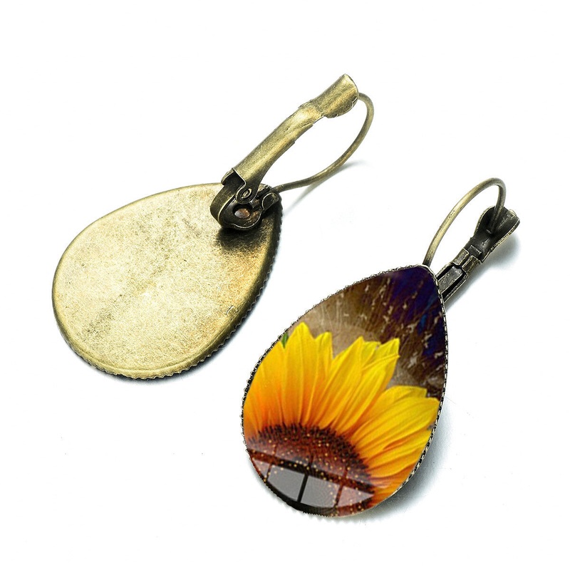 Bohemian Sun Flower Print Earrings Water Drop Shape Sunflower Gem Mount Ear Hook Women Jewelry Gifts