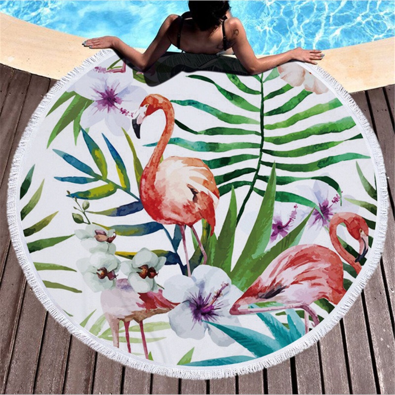 Fashion Flamingo 450G Round Beach Towel With Tassels Microfiber 150cm Picnic Blanket Beach Cover Up