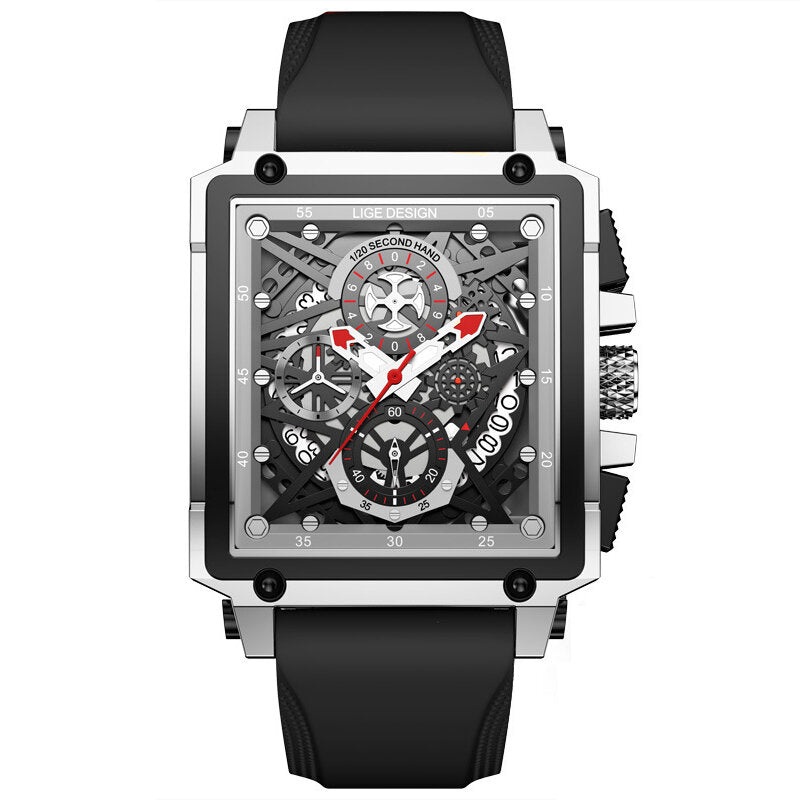 LIGE 8935 Creative Mechanical Hollow-Out Surface Chronograph Calendar Silicone Strap 3ATM Waterproof Men Quartz Watch Wristwatch