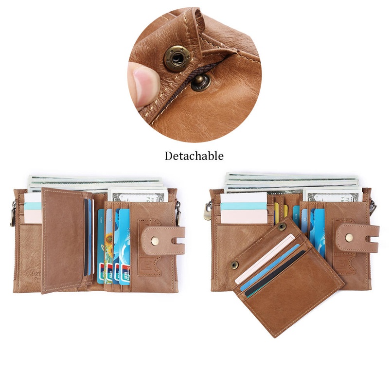 Men Women Retro Genuine Leather Tri-fold Wallet Card Holder Double Zipper Wallet