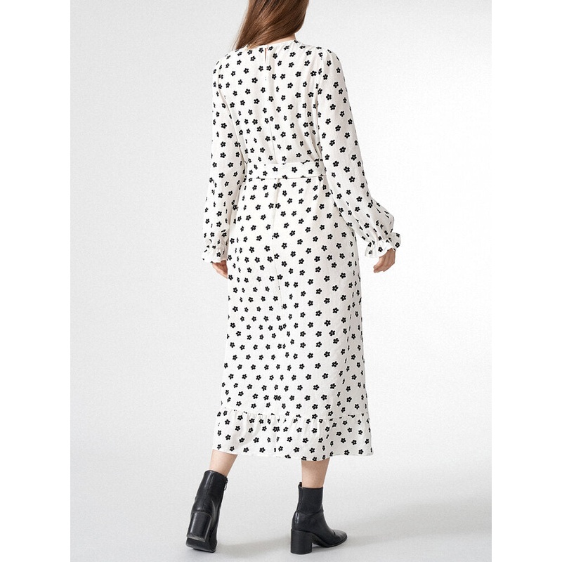 Allover Floral Print Belt Ruffle Hem Long Sleeve Dress