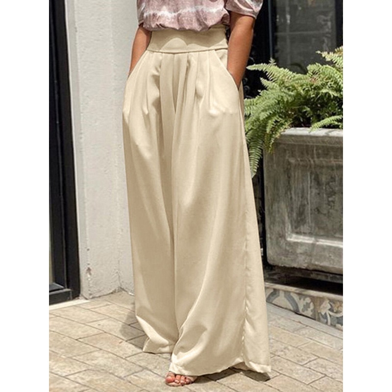 Casual Solid Color High Waist Pleated Zipper Wide Leg Pants With Pocket