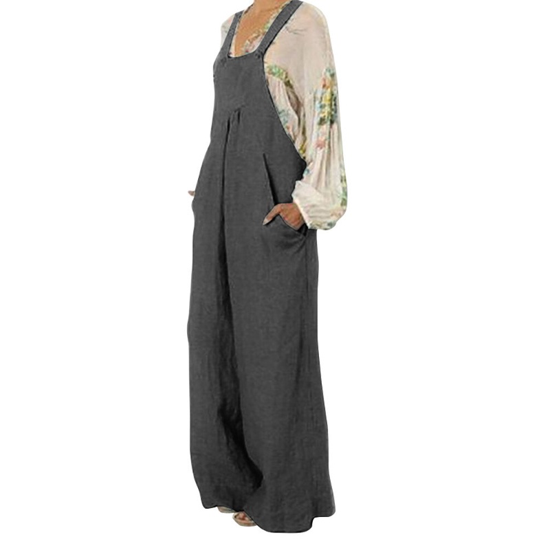 Casual Women Loose High Waist Pure Color Pockets Jumpsuit