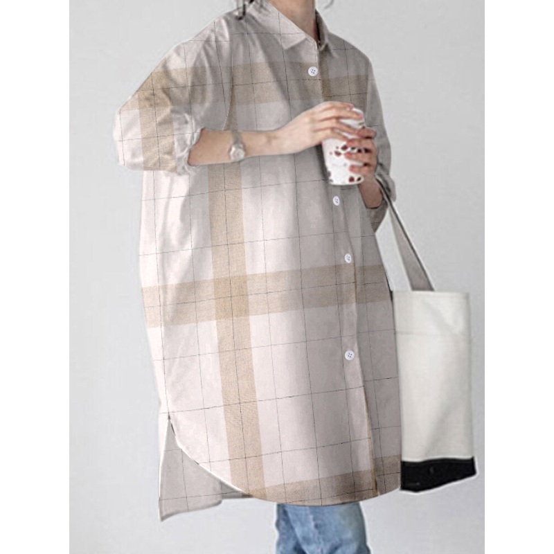 Check Pattern Loose Button Front Lapel Long Sleeve Shirt