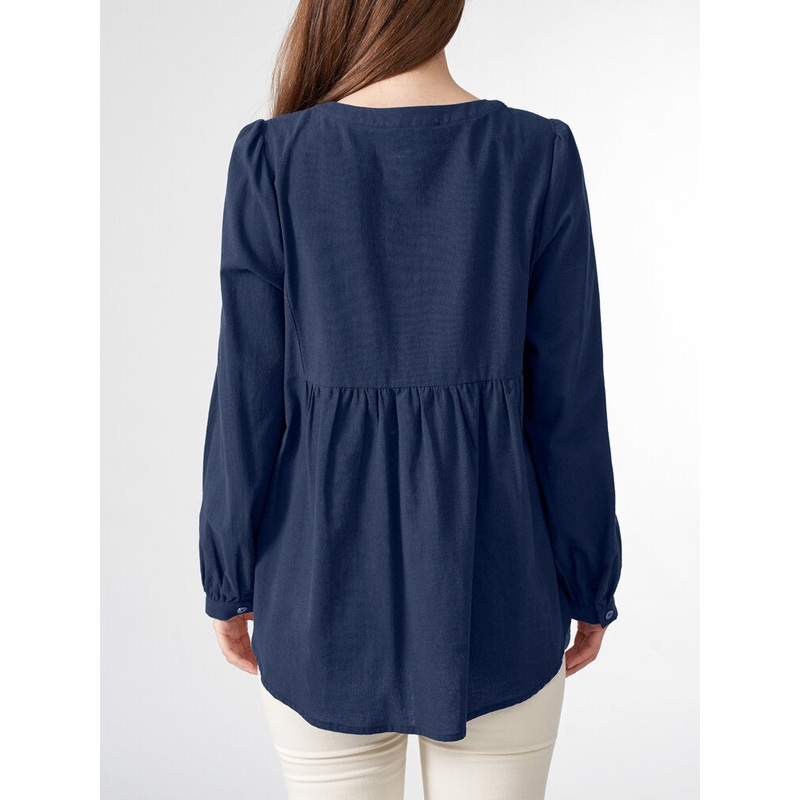 Contrast Button Front Long Sleeve Crew Neck Women Blouse