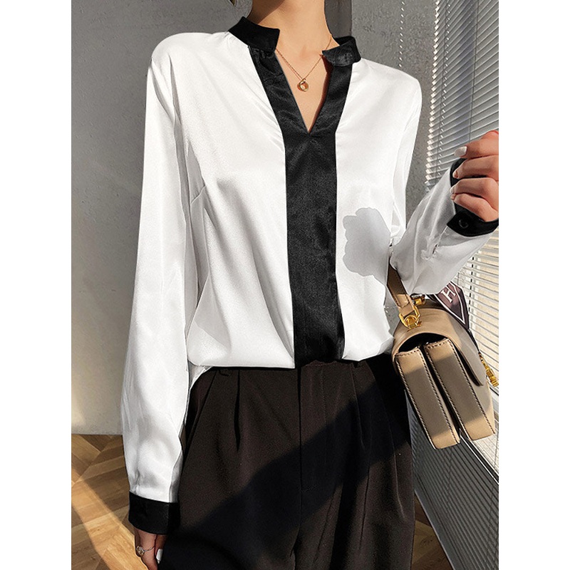 Contrast Satin Long Sleeve V-neck Blouse For Women