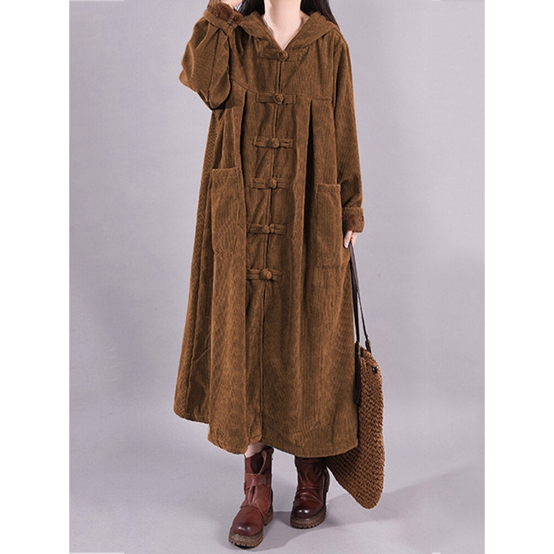 Corduroy Frog Button Solid Color Hooded Maxi Coats