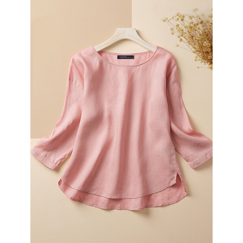 Cotton Solid Round Neck Long Sleeve Split Casual Blouse