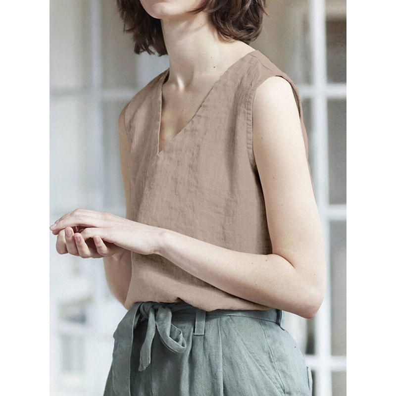 Cotton Solid V-neck Casual Sleeveless Tank Top