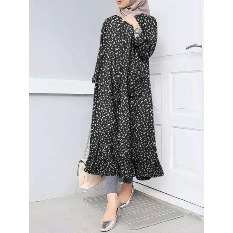 Ditsy Floral Button Ruffle Long Sleeve Maxi Dress