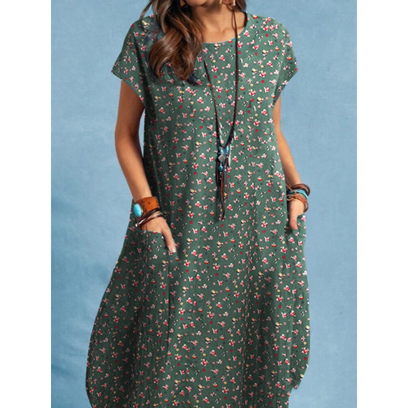 Floral Print Pocket Short Sleeve Crew Neck Women Dress
