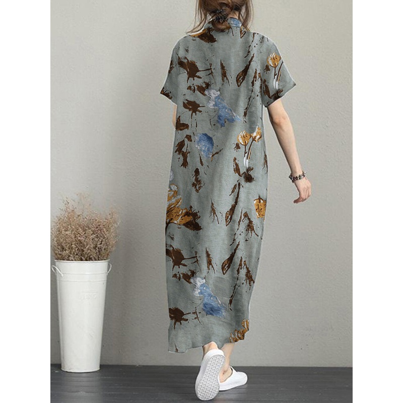 Flower Print Pocket Button Lapel Short Sleeve Casual Maxi Dress
