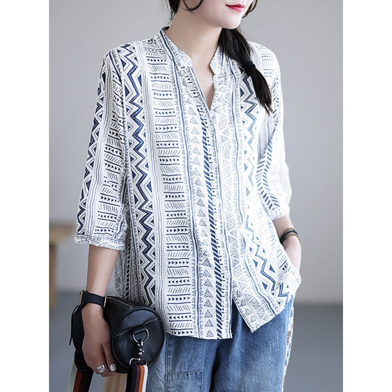 Geometric Pattern Button V Neck Casual Blouse