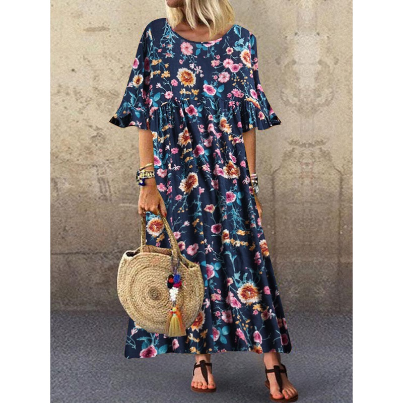 Half Sleeve O-neck Pleated Floral Print Vintage Maxi Dress