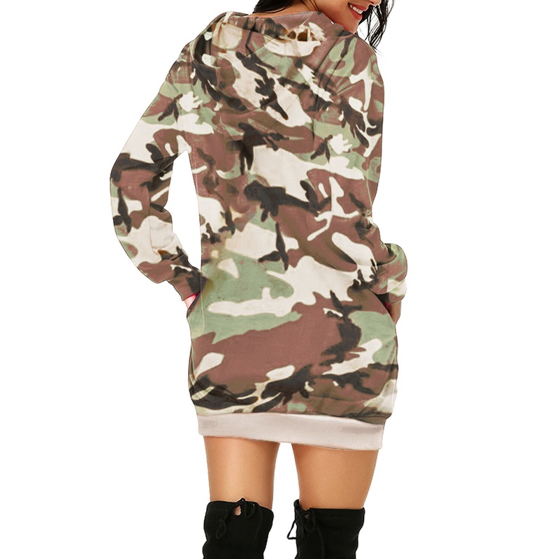 Long Sleeve Hooded Loose Pocket Pullover Camouflage Print Hoodie Dress