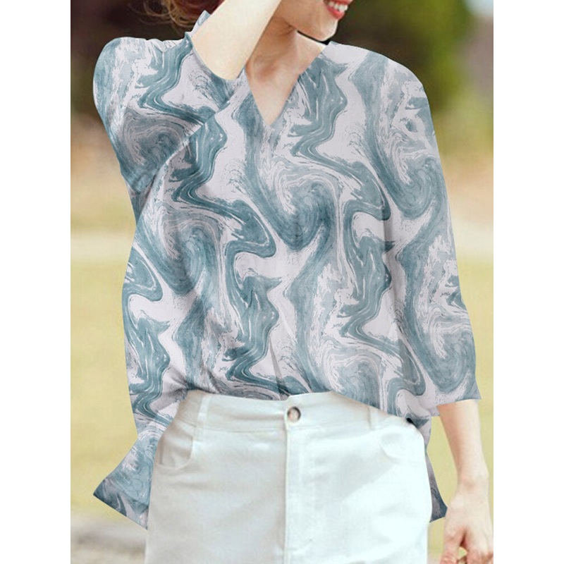 Marble Pattern 3/4 Sleeve V-neck Blouse For Women