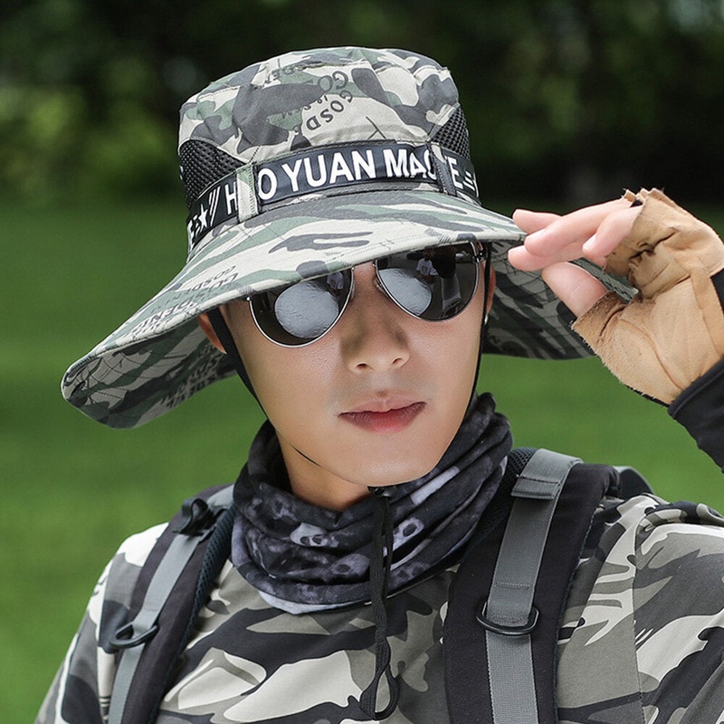 Men Camouflages Mesh Breathable Foldable Sunshade Hat Outdoor Fishing Anti-UV Waterproof Big Brim Bucket Hat