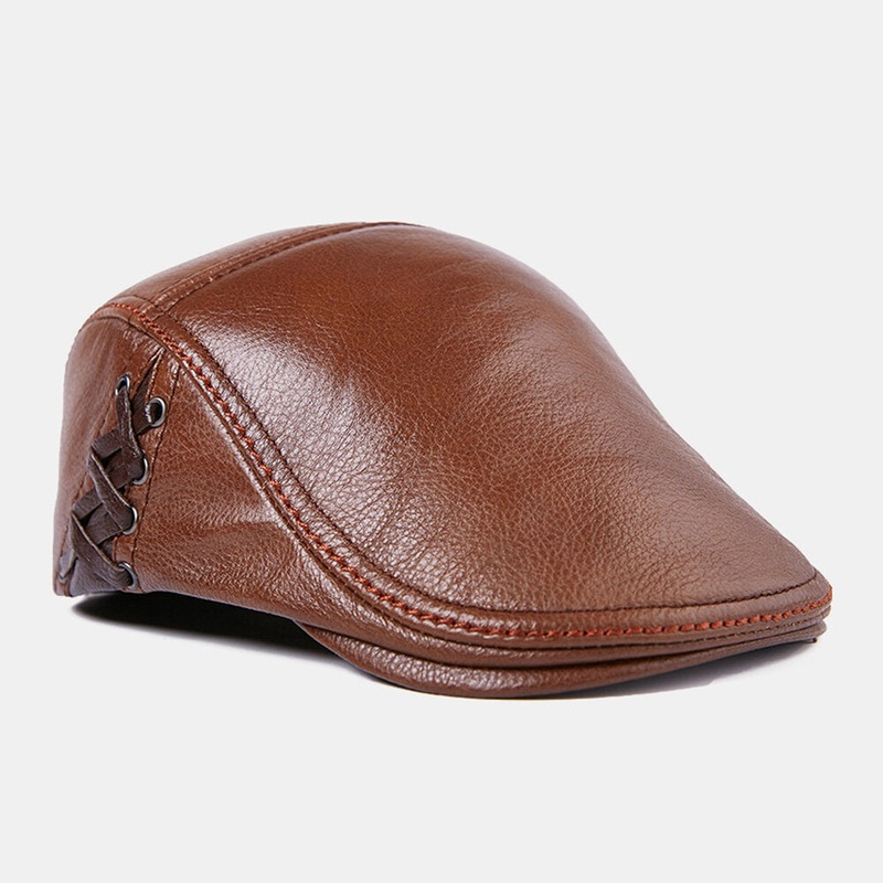 Men Cowhide Stitch Short Brim Beret Flat Cap Autumn Winter Warm Dome Ivy Cap Cabbie Hat