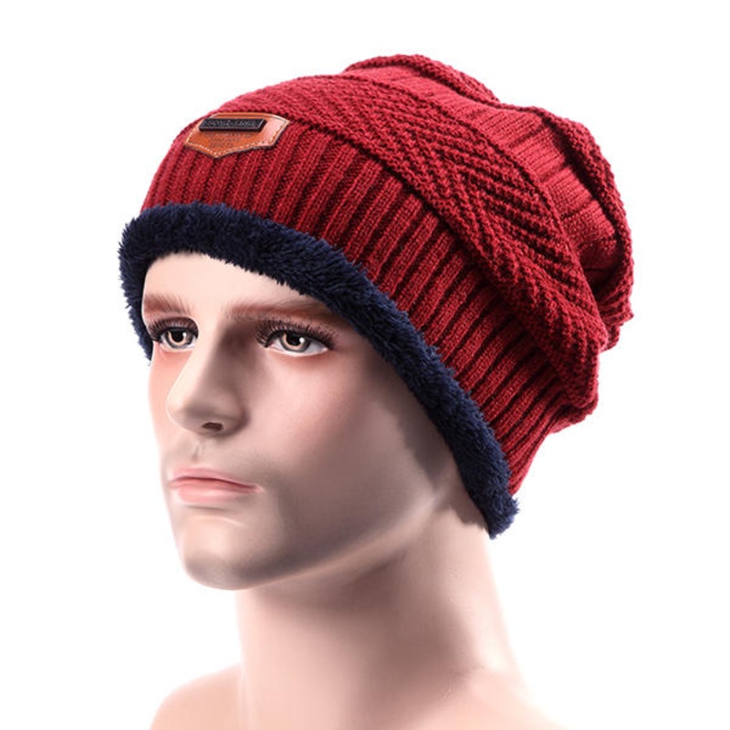 Men Male Knitted Slouch Beanie Hat Coral Fleece Linen Double Layers Elastic Mountaineering Outdooors Cap