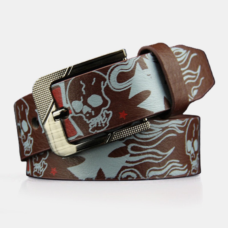 Men PU Leather 110CM Skull Pattern Pin Buckle Casual Cool Pants Belt