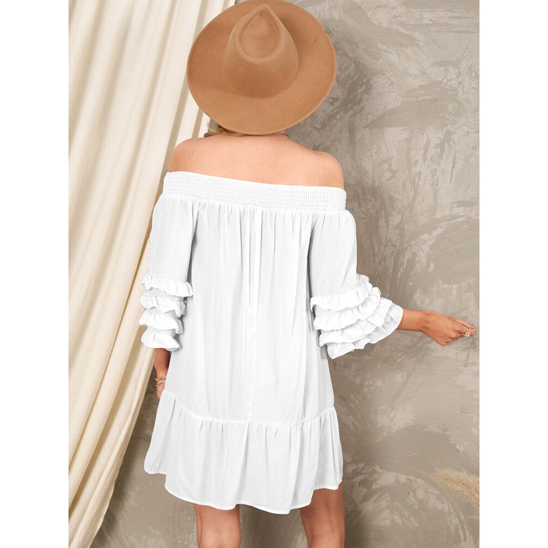 Off Shoulder Pleats Solid Casual Mini Dresses For Women
