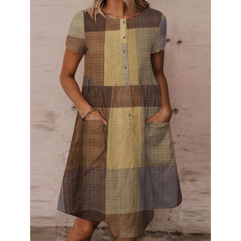 Plaid Color Block Pocket Button Ruched Short Sleeve Midi Dress