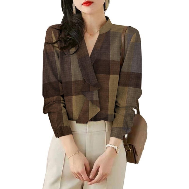 Plaid Print Long Sleeve Stand Collar Blouse For Women