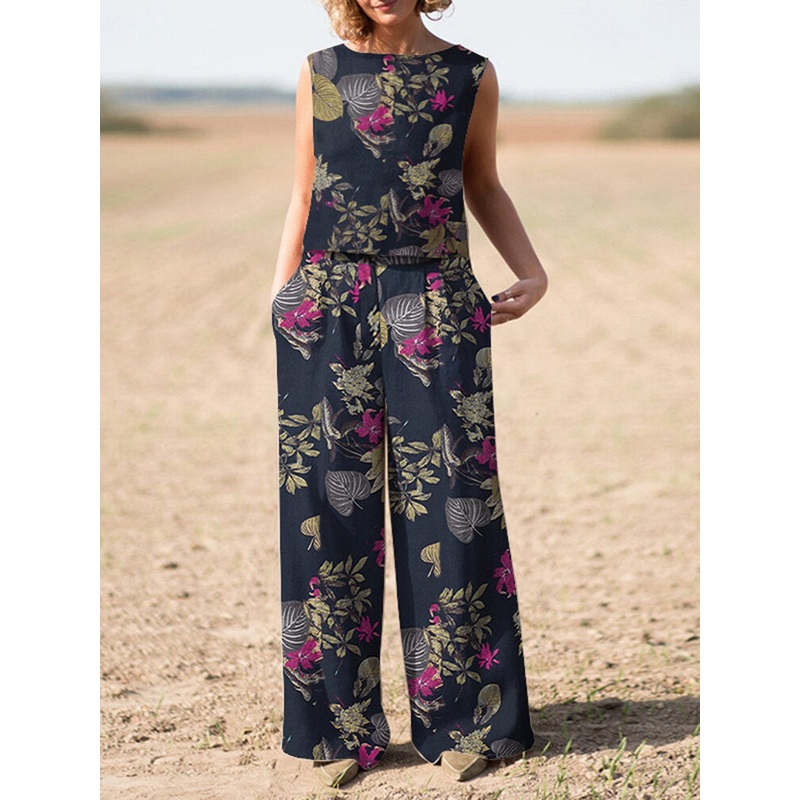 Plant Print Pocket Sleeveless Wide Leg Casual Cotton Suit