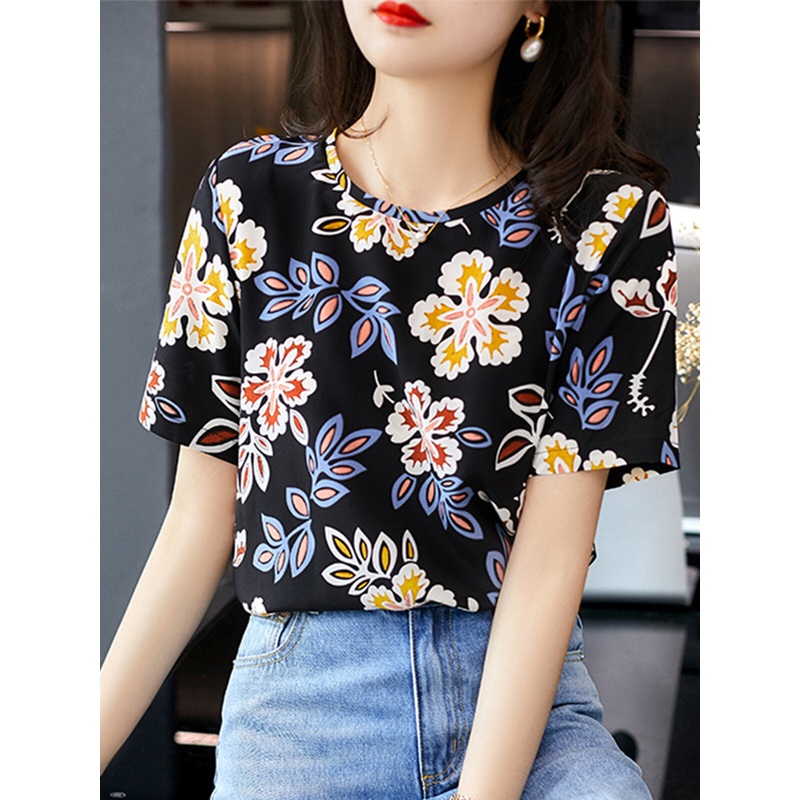 Plant Print Round Neck Short Sleeve Casual Blouse
