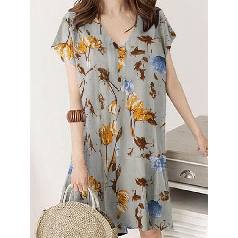 Plant Print Ruffle V Neck Short Sleeve Casual Dress