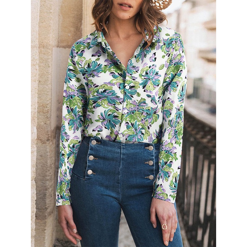 Plants Print Long Sleeve Lapel Button Down Shirt Women