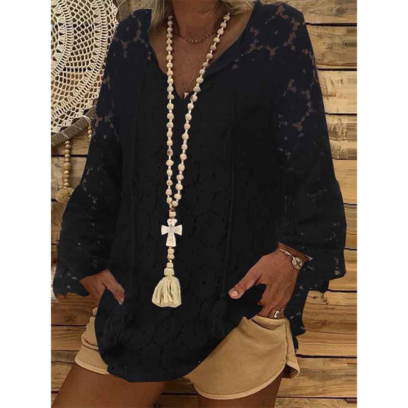 Plus Size Solid Color Lace Crochet Casual Blouse For Women