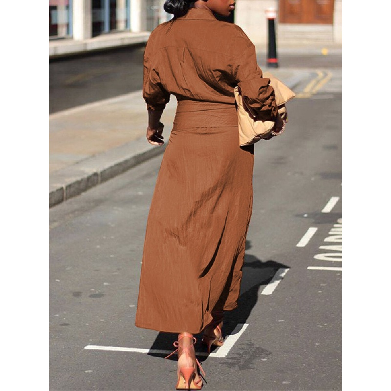Plus Size Women Split Long Sleeve Casual Maxi Shirt Dresses With Belt