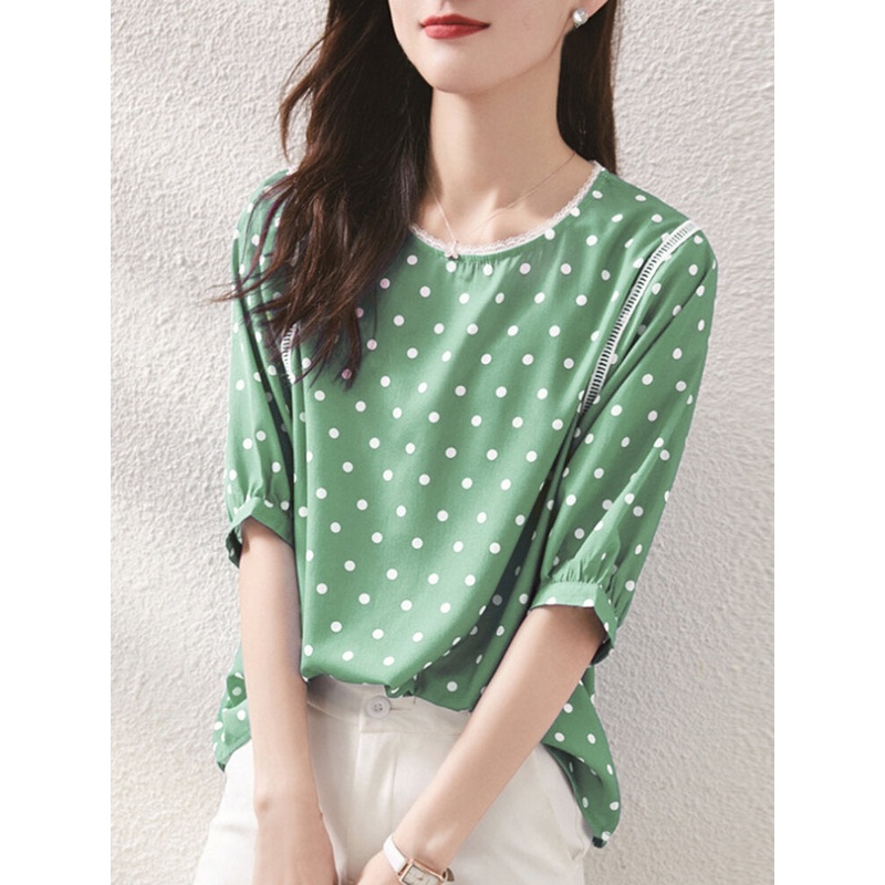 Polka Dot Lace Patchwork Round Neck Half Sleeve Casual Blouse