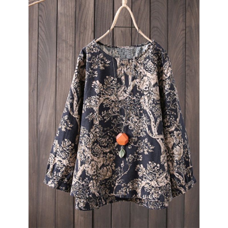 S-5XL Vintage Women Cotton Loose Color Print Long Sleeve Blouse