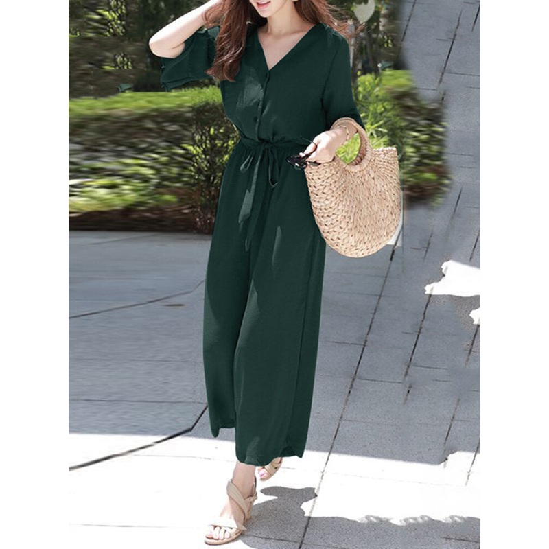 Solid Belt Pocket Button Ruffle Sleeve V-neck Jumpsuit
