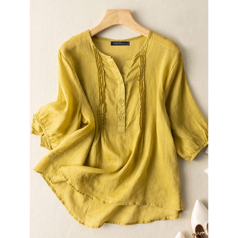 Solid Button Front Casual Crew Neck Short Sleeve Blouse