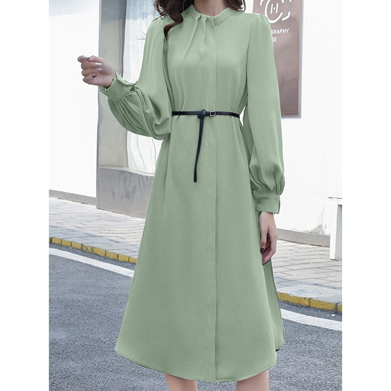 Solid Color Long Sleeve O-neck Puff Dress