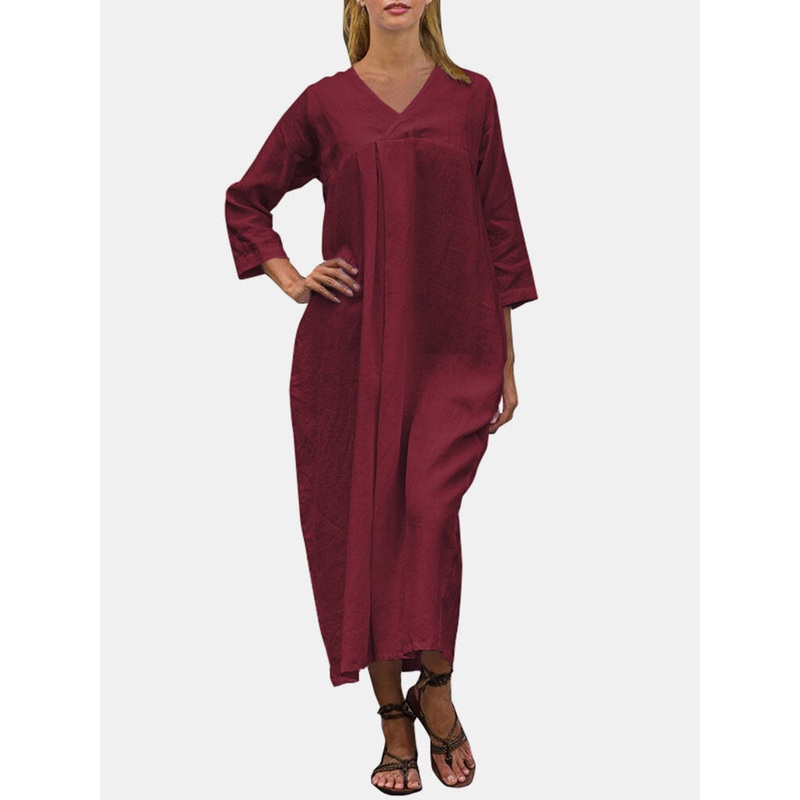 Solid Color V-neck Long Sleeves Casual Dress For Women