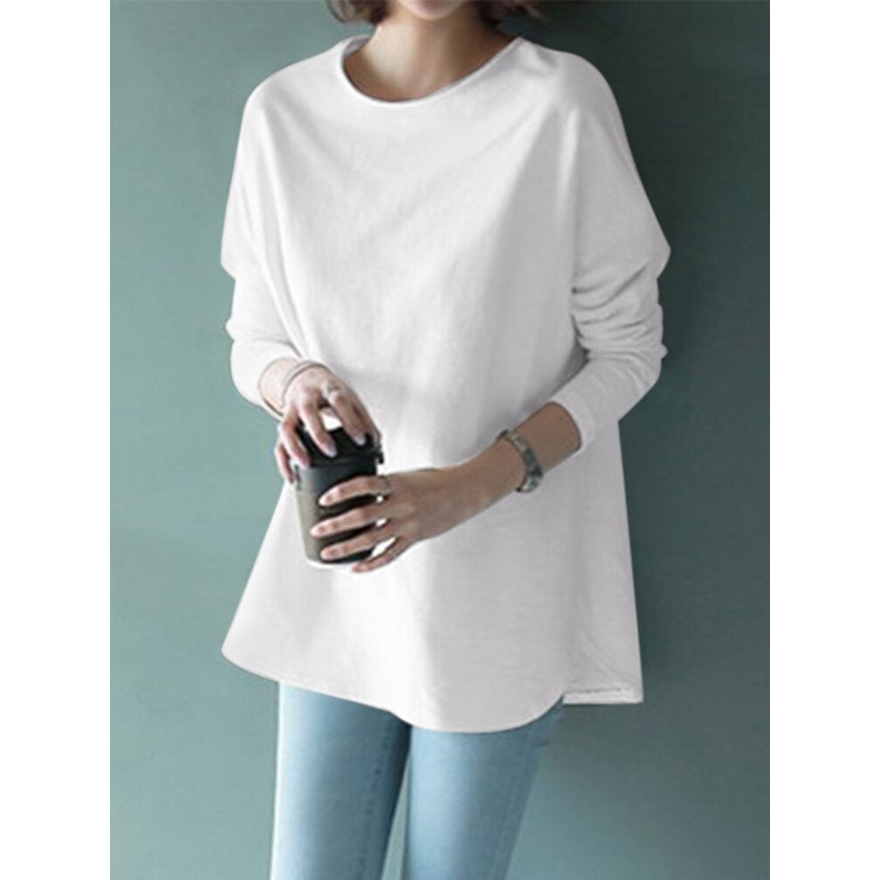Solid Curved Hem Loose Long Sleeve Crew Neck T-shirt