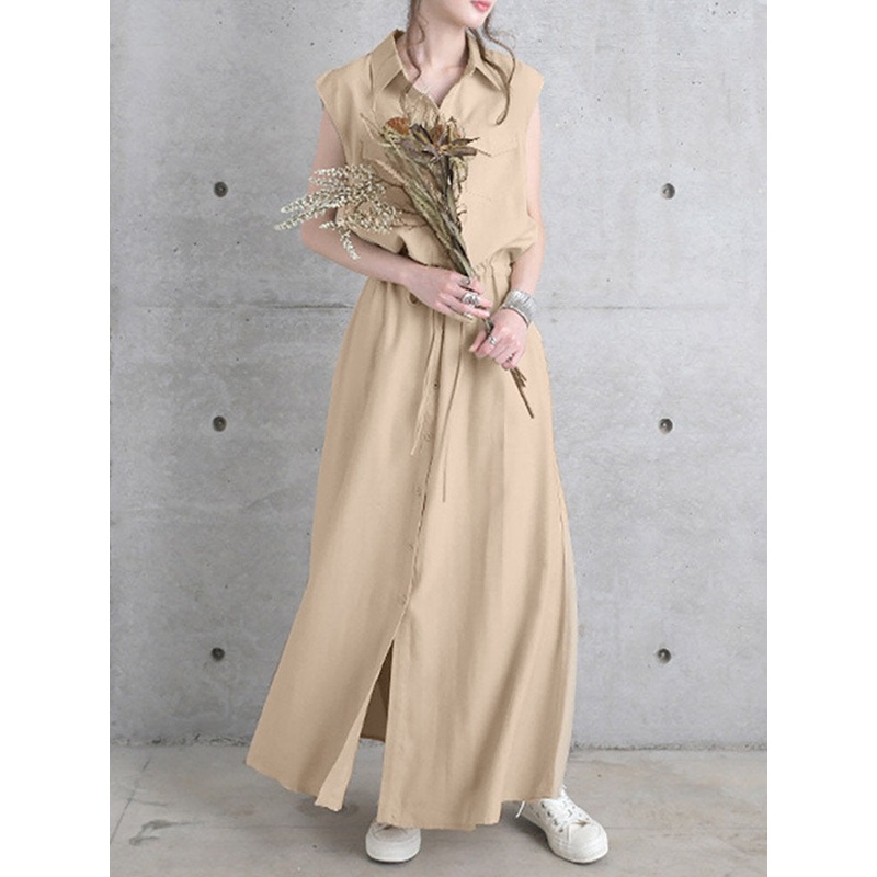 Solid Drawstring Waist Pocket Button Front Maxi Cargo Dress