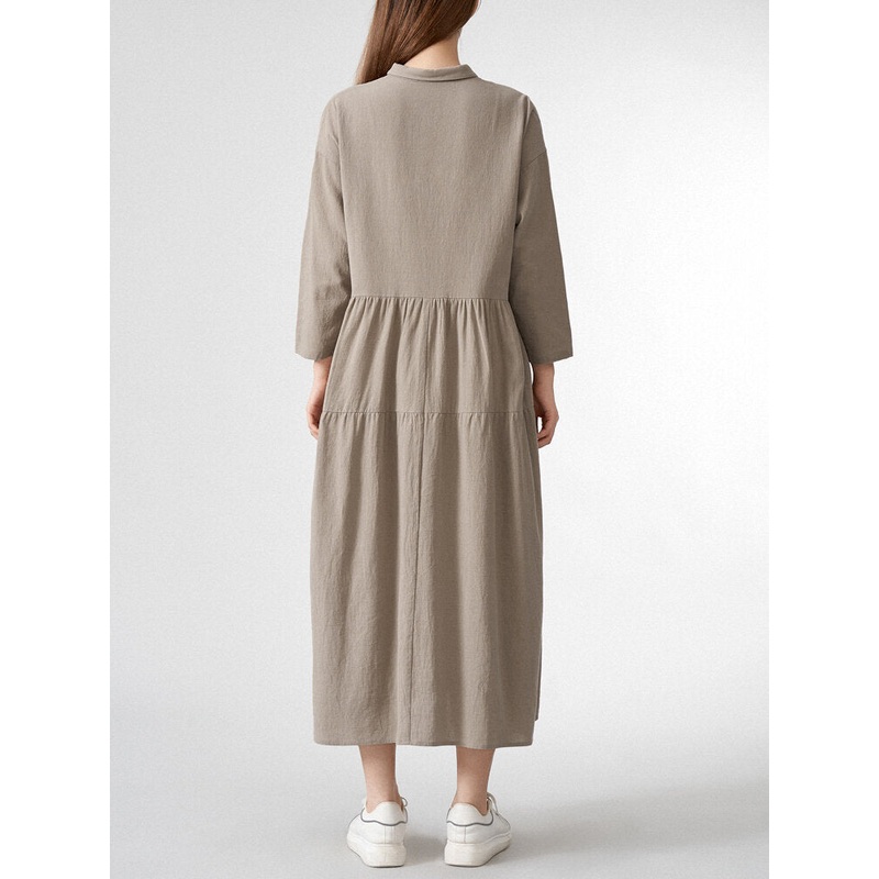 Solid Lapel Button Loose Vintage Dress For Women
