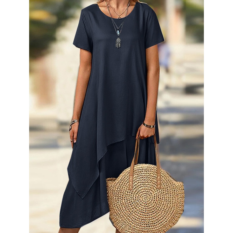 Solid Layered Irregular Hem Short Sleeve Casual Dress