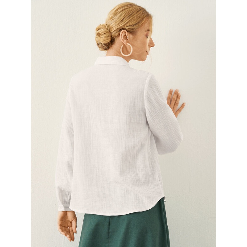 Solid Long Sleeve Lapel Button Front Women Shirt
