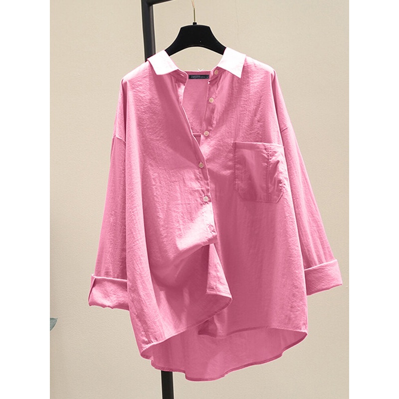 Solid Pocket High-low Button Front Long Sleeve Shirt